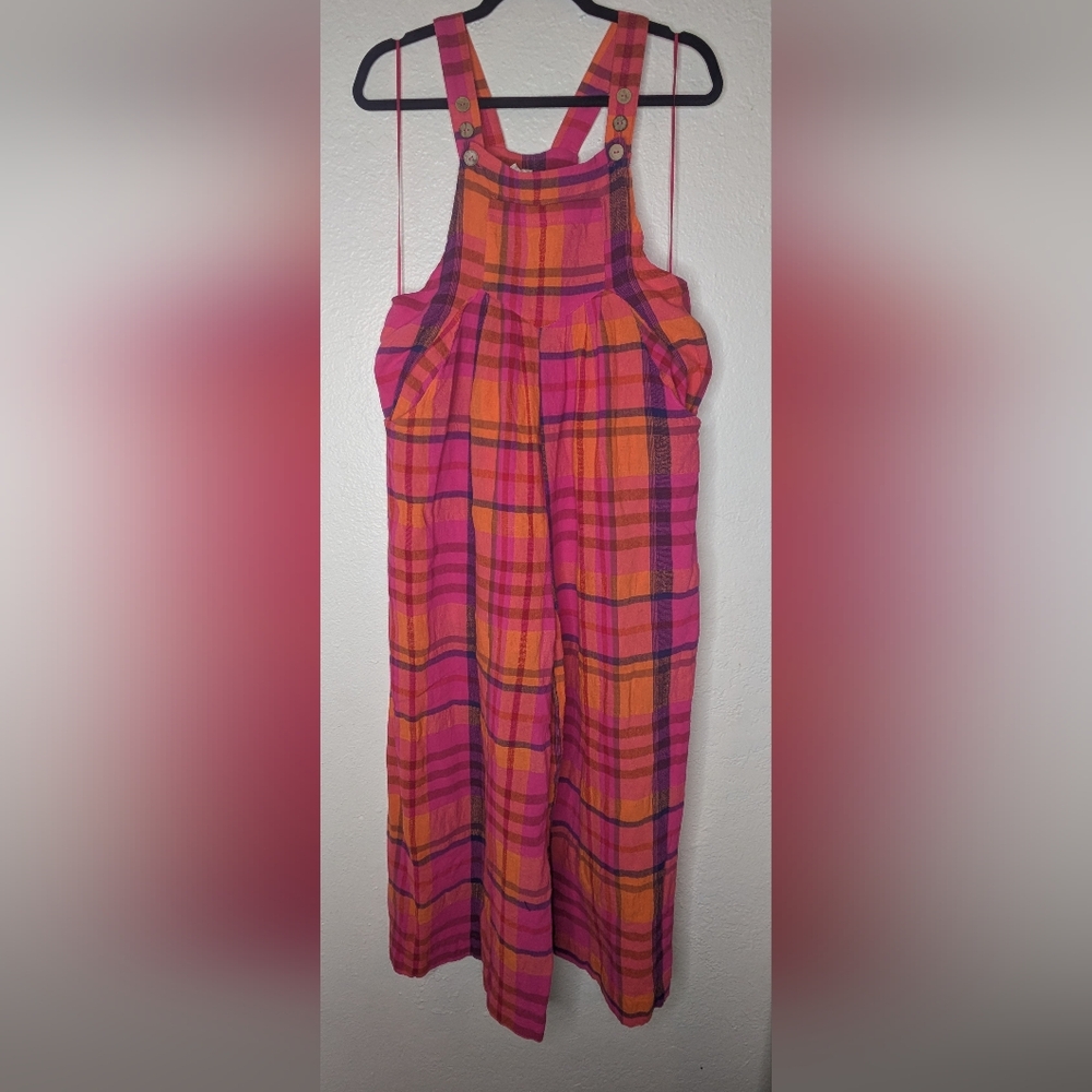 Women's Bibi Fuschia Plaid Wide Leg 3-Button Cotton/Linen Overalls Pockets Sz S